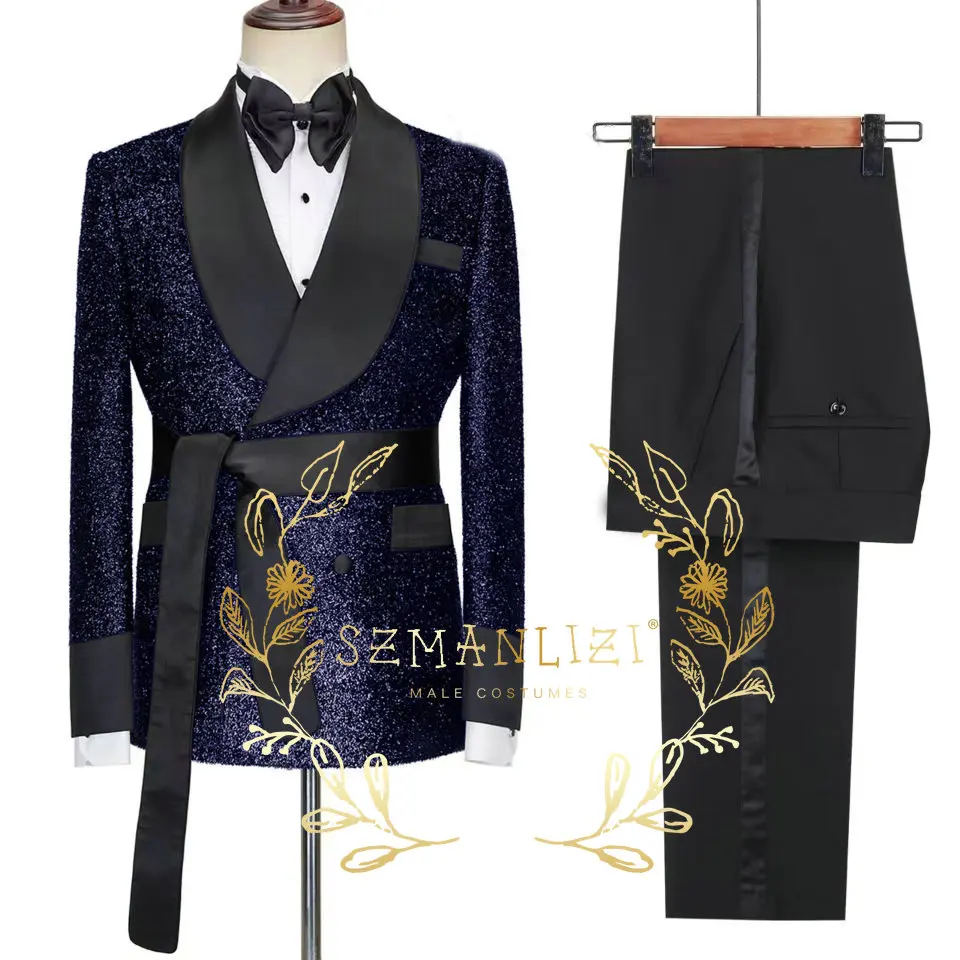 Blazer Sets SetDouble Breasted Gold Shiny Jacket Slim Fit Mens Suits Wedding Groom Tuxedos Party Jacket Pant Terno Masculino