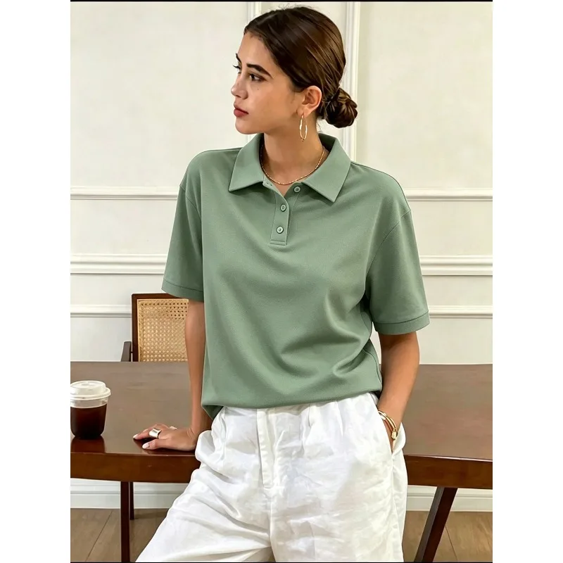Hot Sale Women Solid Color Polo Shirt Trendy Short Sleeve Basic Casual Top