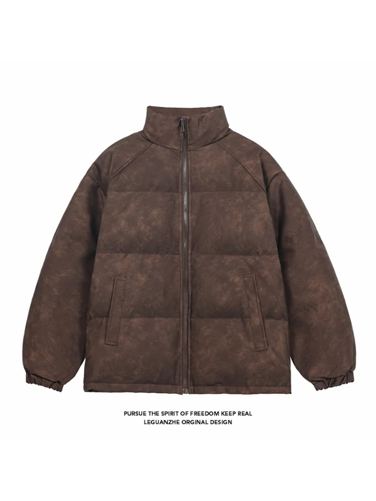 

Men's Winter Thiened Warm PU Leather Cotton Jaet 2024 New Sle Bread Sle American Retro Cotton Coat Dir Outerwear