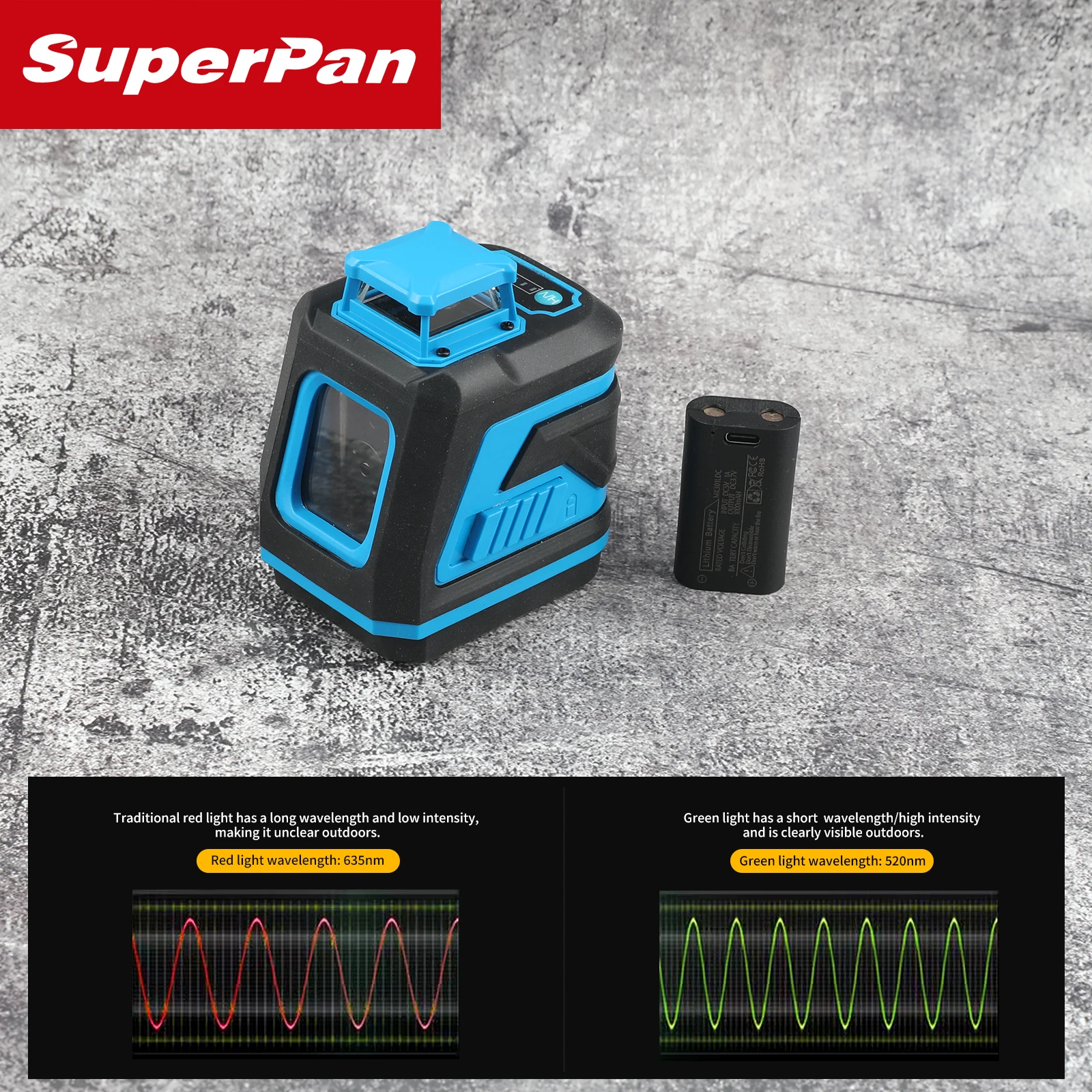 Superpan 2 خط 360 درجة التسوية التلقائية مستوى الليزر الأخضر، معدات أدوات البناء ليزر متقاطع احترافي