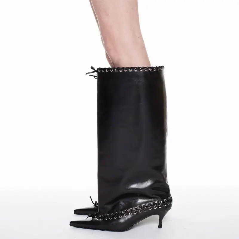 2025 Nieuwe scherpe puntige modieuze gesp hak laarzen mode veelzijdige coole laars dames bruine lange laarzen damesschoenen