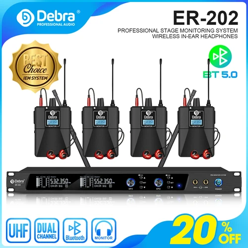 Imagen 1 del producto Debra ER-202 sistema de Monitor de oído inalámbrico UHF de Audio de escenario con transmisor múltiple para cantante de puesta en escena