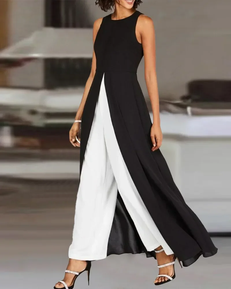 Macacão sem mangas com gola redonda feminino, cintura alta, calça larga, cor de contraste, preto, verão