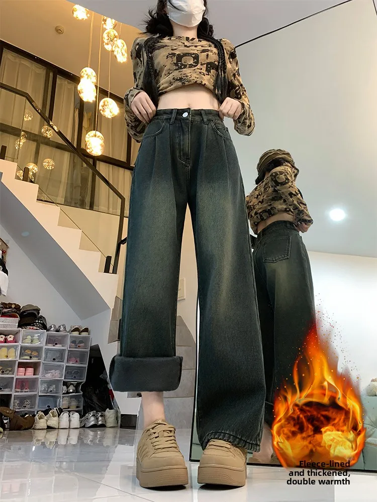 

Women's High Waist Wide Leg Jeans Fce Lined Thiened Retro Winter Long Trousers Casual Sle High Waist Long Pants
