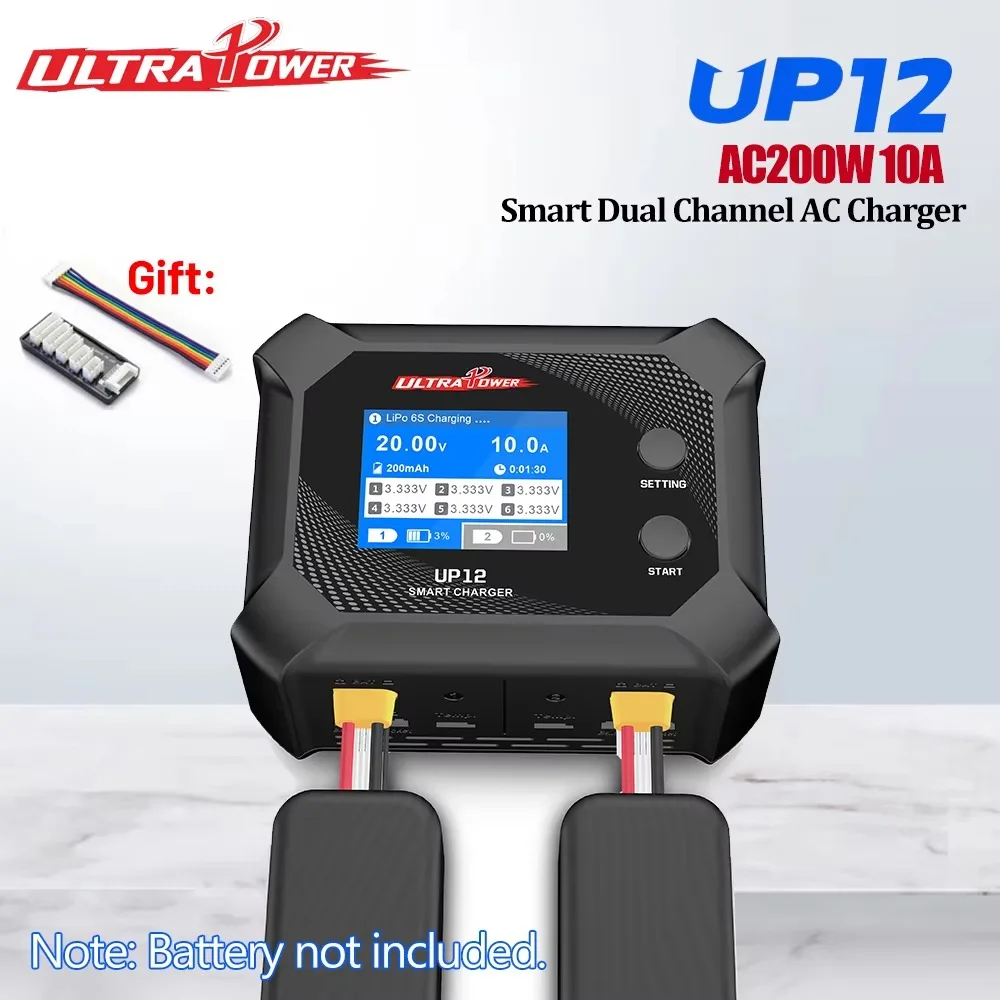 BoMsULTRAPOWER UP12 AC 200W 10A Smart Dual Channel AC Charger 2.4inch RC Model Charger For 2-6S LiHV/Lipo/LiFe/Lilon Battery