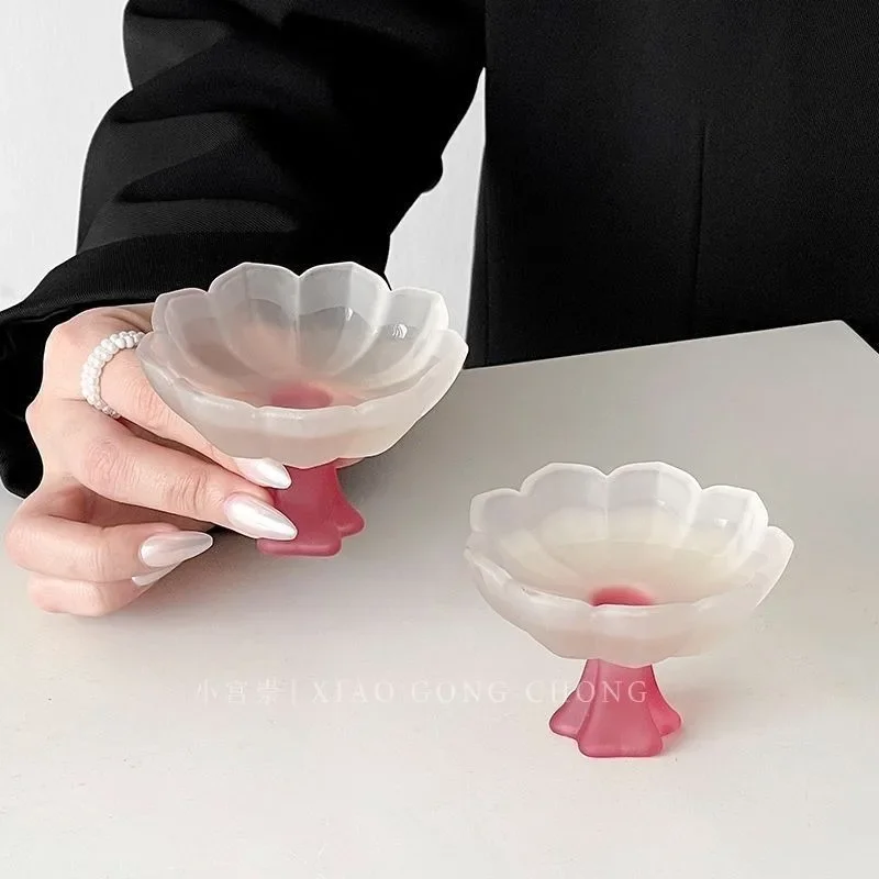 Lotus High Footed Glass Cup Exquisite Glazed Lotus Frosted Fragrant Rice Wine Burnt Wine Sake Cup Household Dessert Tea Cups