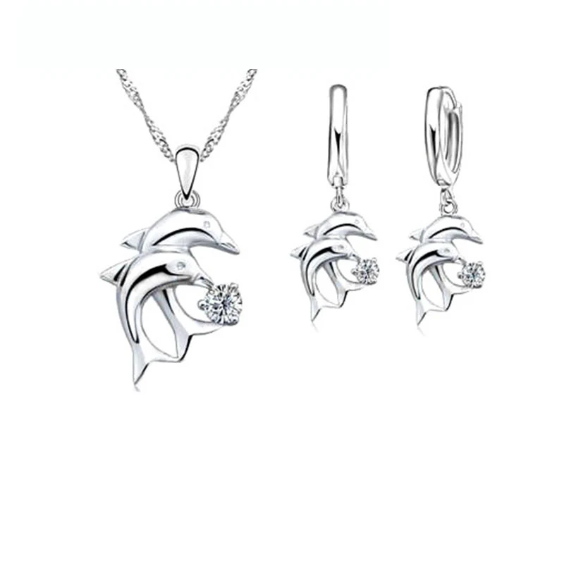 925 Sterling Silver Color Bridal Jewelry Sets Dolphin Design Crystal Necklaces Hoop Earrings Women Girls Engagement Anniversary