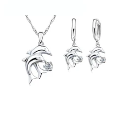 925 Sterling Silver Color Bridal Jewelry Sets Dolphin Design Crystal Necklaces Hoop Earrings Women Girls Engagement Anniversary