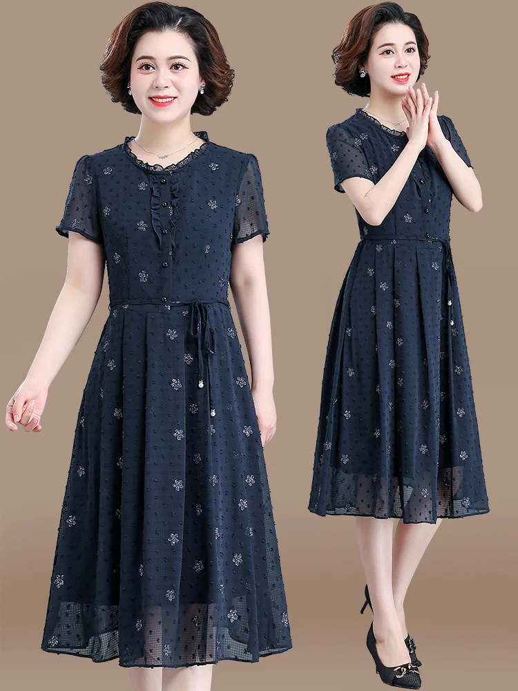 

Модное летнее платье для женщин среднего возраста из полиэстерового жоржета, с коротким рукавом, миди, в корейском стиле