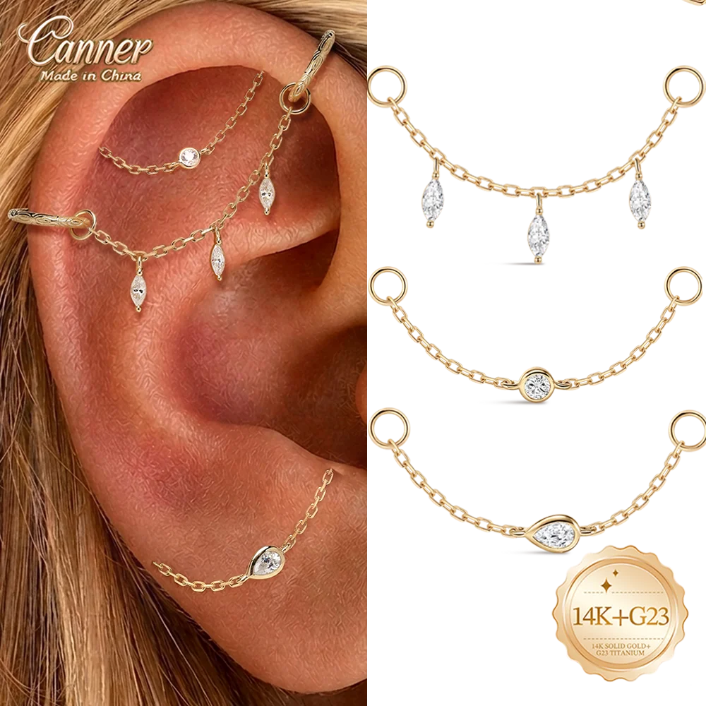 Canner 14K Solid Gold Horse Eye Zircon Dangle Chain Stud Earring Piercing Cartilage Fine Jewelry Elegant Girl Women Party Gift