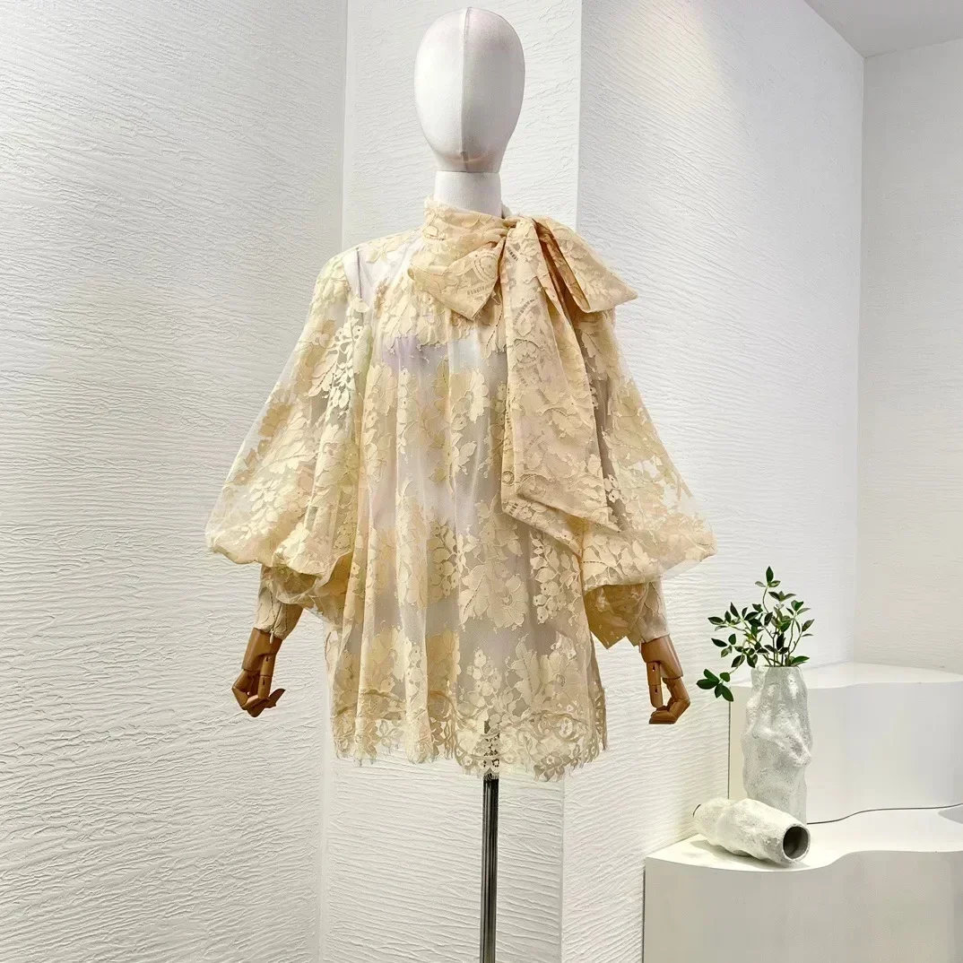 New Women Beige Tops Collection All-matching Vintage Long Sleeve Lace See Through Women Black Blouse