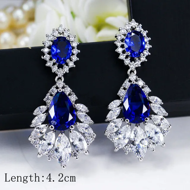 JMK Luxury Blue Crystal Cubic Zircon Stud Dangle Earrings For Women Bridal Wedding Silver Plated Party Accessories Jewelry