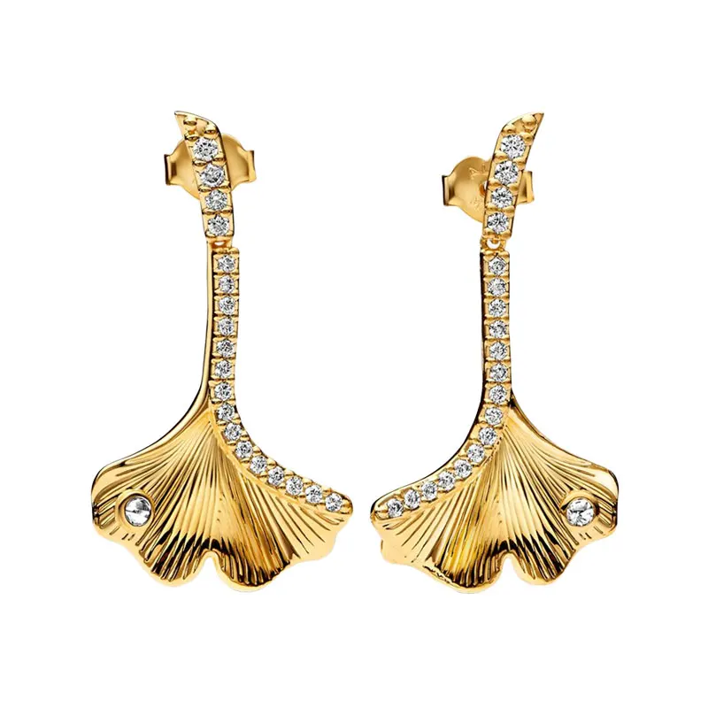 

Shine Gold Dancing Gingko Leaf Ear Piercing Long Drop Earrings For Women Original Jewelry Brezel Pave Setting Round Clear Zircon