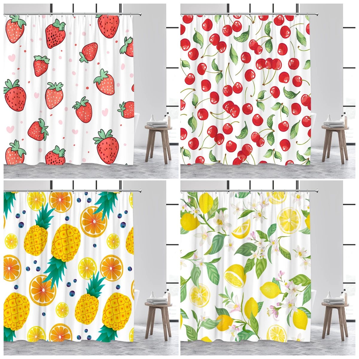 Tropical Fruits Shower Curtains Red Strawberry Lemon Pineapple Blueberry Cherry Bath Curtain Polyester Bathroom Decor with Hooks