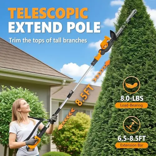 20V 2-in-1 Cordless Pole & Handheld Hedge Trimmer,Electric Hedge Trimmer with 2 Packs 4.0Ah & Charger,8.5-Feet Reach