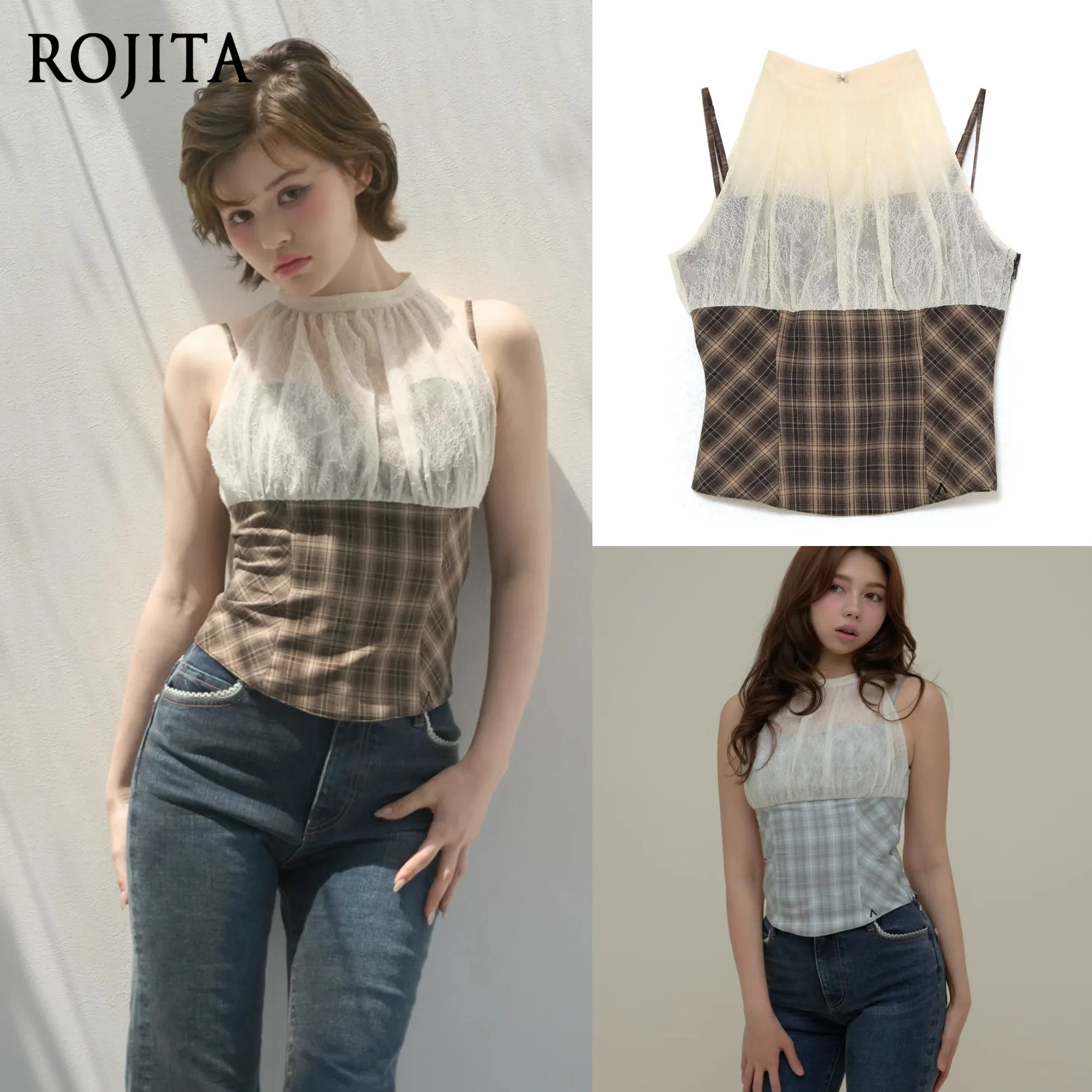 Vintage Y2K Halter Neck Top Sheer Lace Overlay Plaid Patchwork Sleeveless Camisole Japanese Mesh Plaid Splicing Tank Top