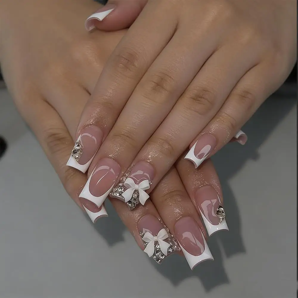 24Pc Nude Pink French Tip PressOn Nails with 3D White Bow Rhinestone Square Fake Nails for Women Bridal Wearable False Fingertip