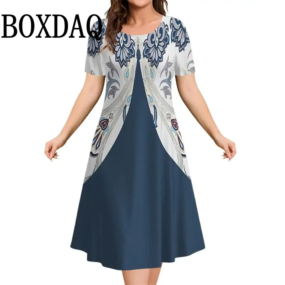 2025 New Women‘s Dresses 3D Flowers Pattern Print Short Sleeve Loose Dress Casual Fashion A-Line Dress Summer Plus Size Dresses