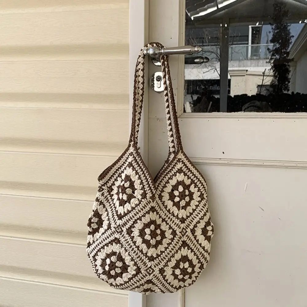 

Vintage Bohemian Crochet Tote Bag Large Capacity Ethnic Style Knitted Bag Hollowed Out Handbag Weave Bag Vacation