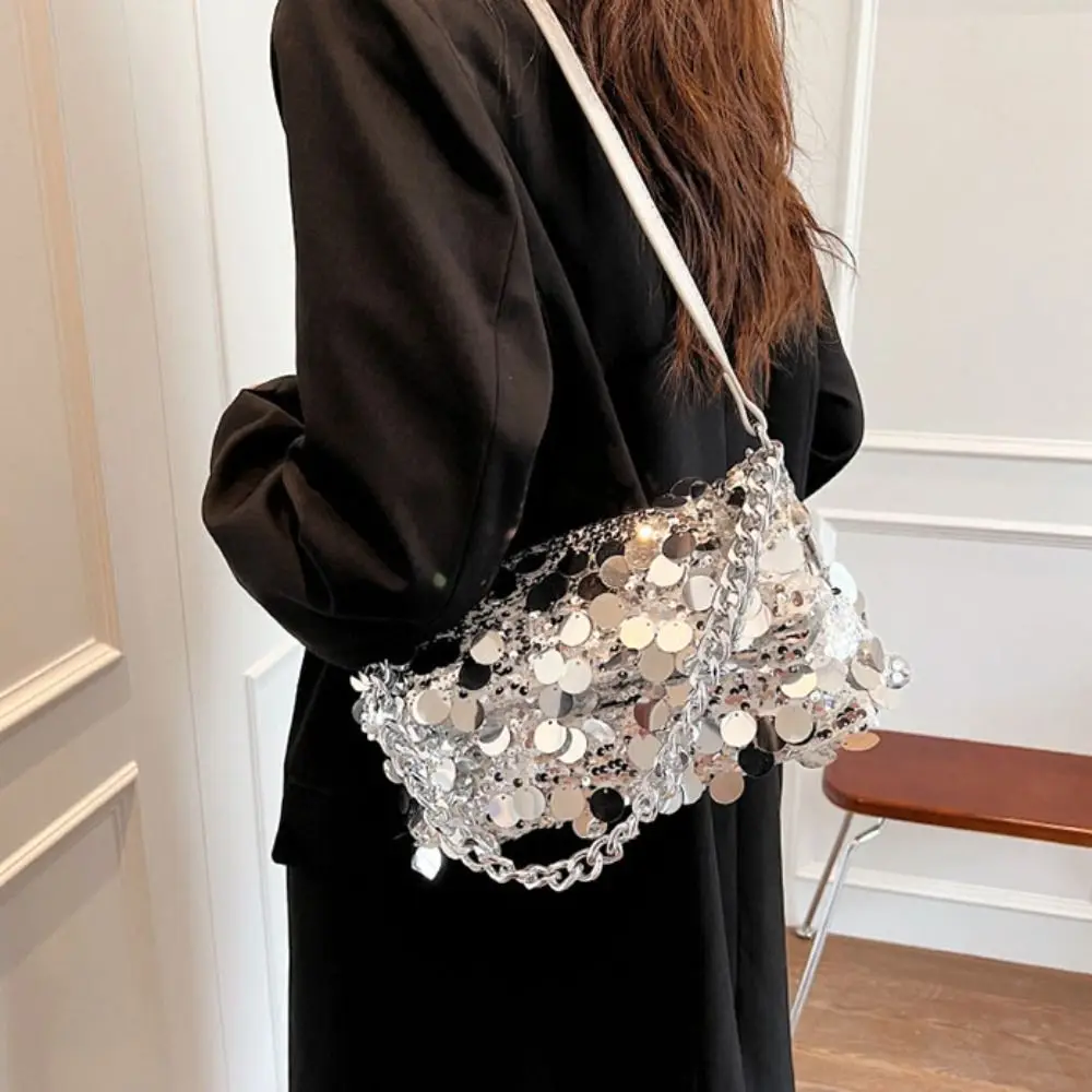 French Shiny Evening Banquet Bag Handbag Chain Sequin Shoulder Bag with Round Handle Tassel Crossbody Bag Wedding