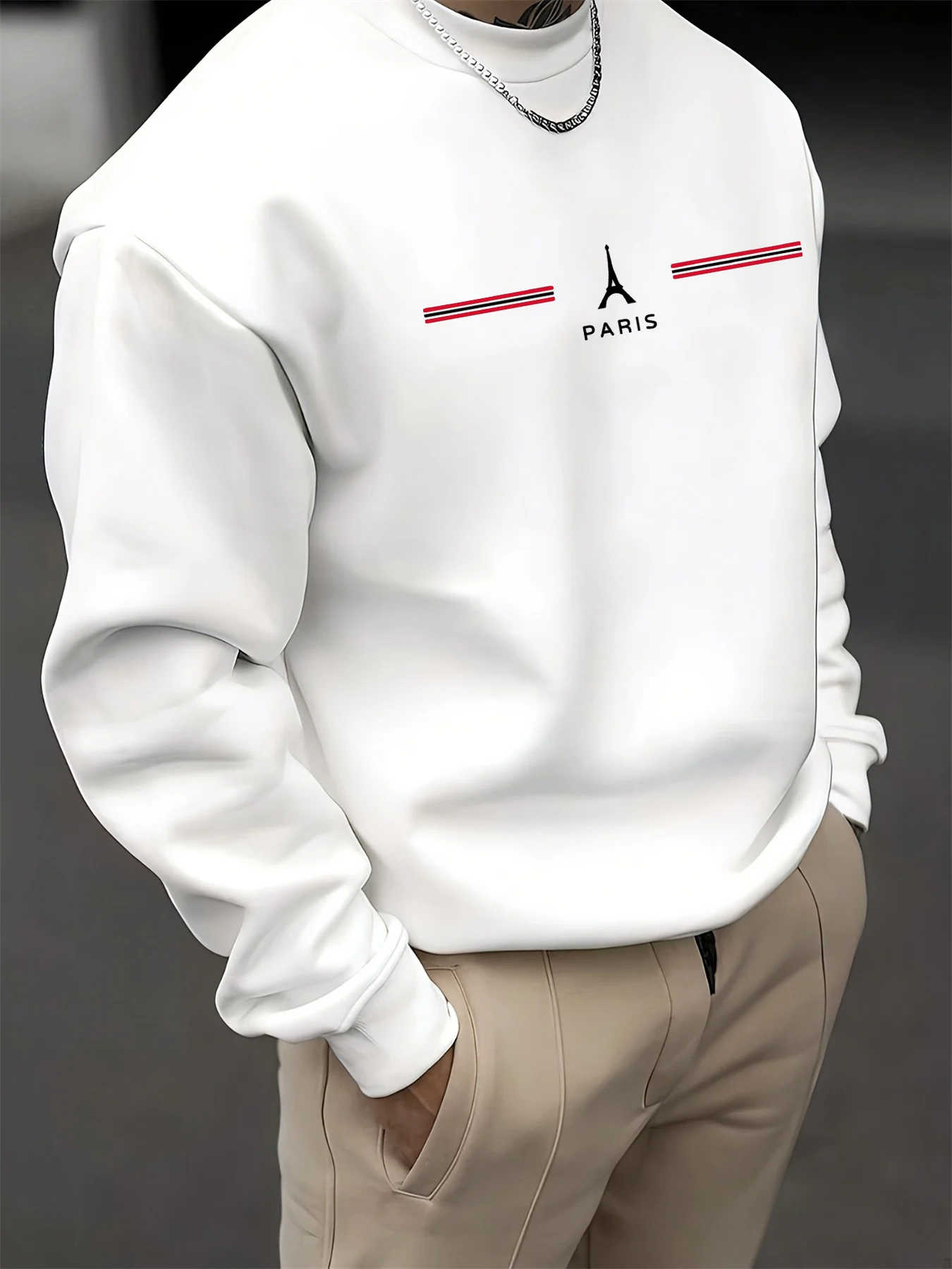 Men's autumn and winter fashionable casual loose Paris letter pattern printed long sleeved round neck sweatshirt