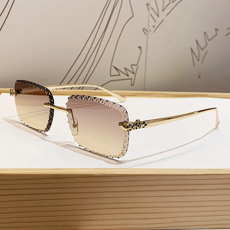 Neues Design Rahmenlose Leopardenkopf-Sonnenbrille zum Autofahren, Sonnenschutz, Modische Metallbrille – Detail 5