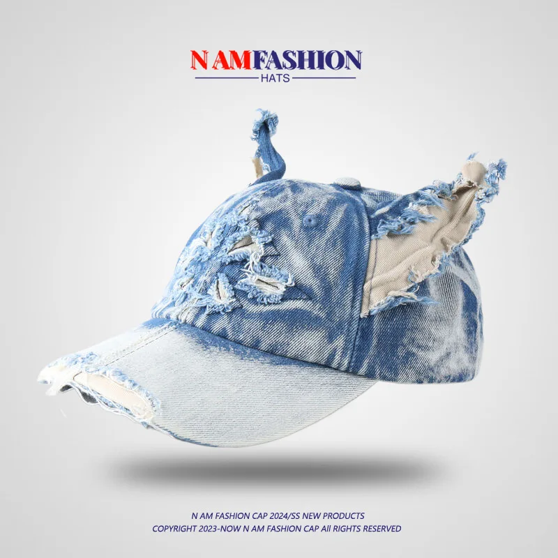 

American vintage doberman ears setable baseball caps women's hip hop caps distressed washed denim hats
