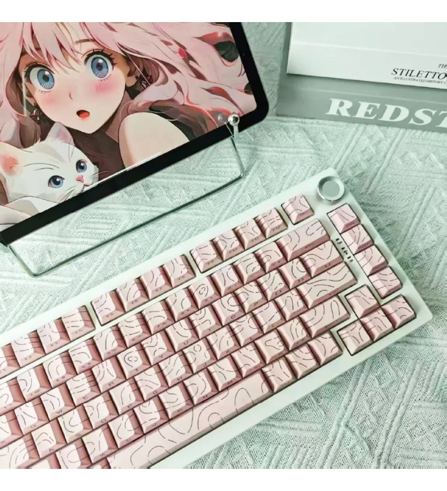 Crack pure pink contour mechanical keyboard keycap side engraved light transmission gradual change keycap 68 keys 87 keys 108
