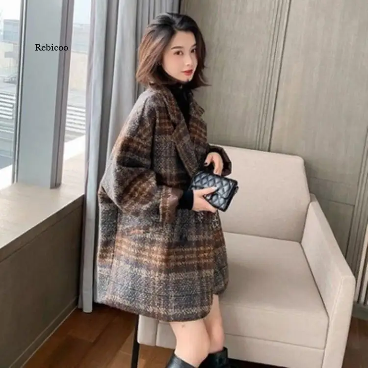 Korea Chic Women Autumn Winter New Loose Small Plaid Casual Warm Tweed Medium Long Thickened Coat Female Tide