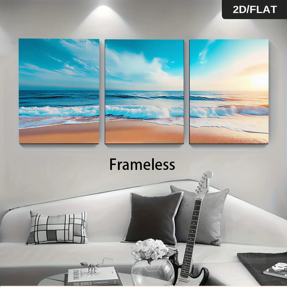 1 set of three frameless decorative paintings, featuring a refreshing beach scene, perfect for the living room or bedroom. (2D)