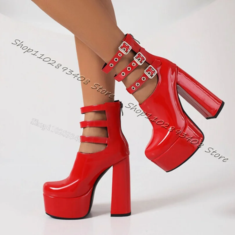 

Red Platform Patent Leather Ankle Boots Chunky Heels Back Zipper Ankle Buckle Boots Autumn Women Shoes 2023 Zapatos Para Mujere