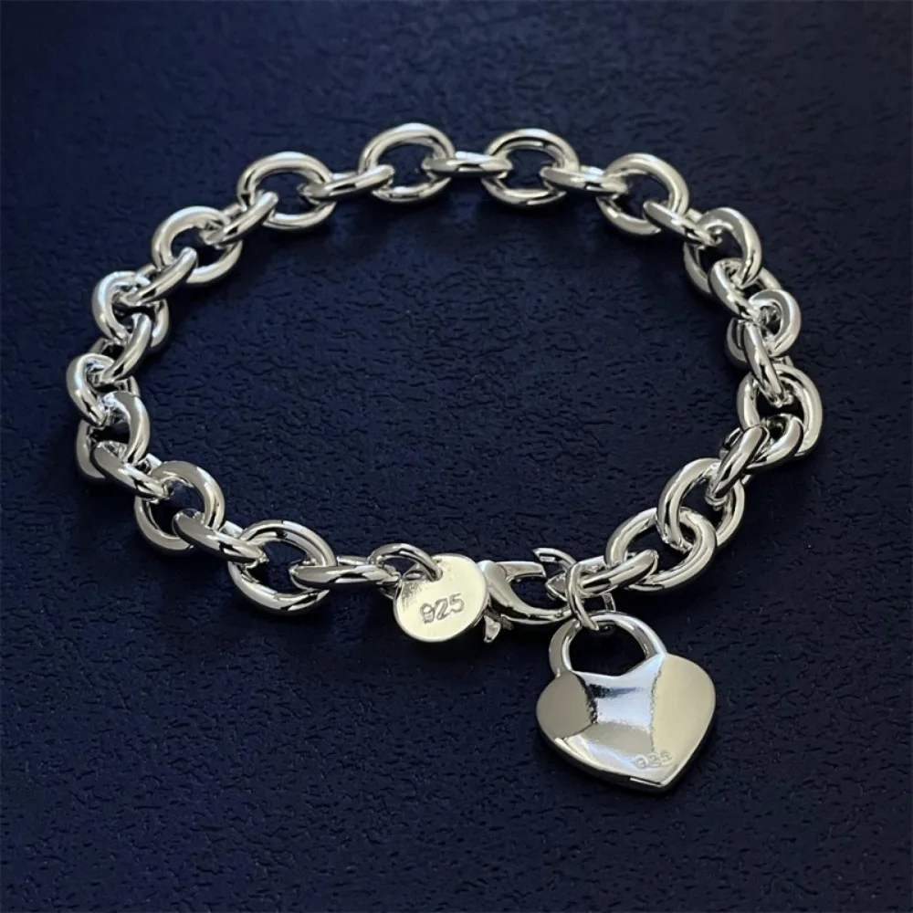 20 سنتيمتر 925 فضة سلسلة سوار على شكل قلب ، الرجال النساء قفل ، هدية الزفاف حفلة خطوبة حلية ، مجوهرات الأزياء