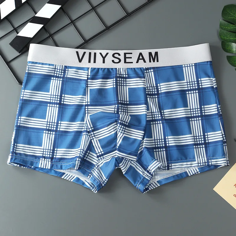 Ice Silk Men\'s Underwear Summer Breathable Panties Thin Section of The Trend of Printing Four Corner Pants Plaid Boxer Shorts