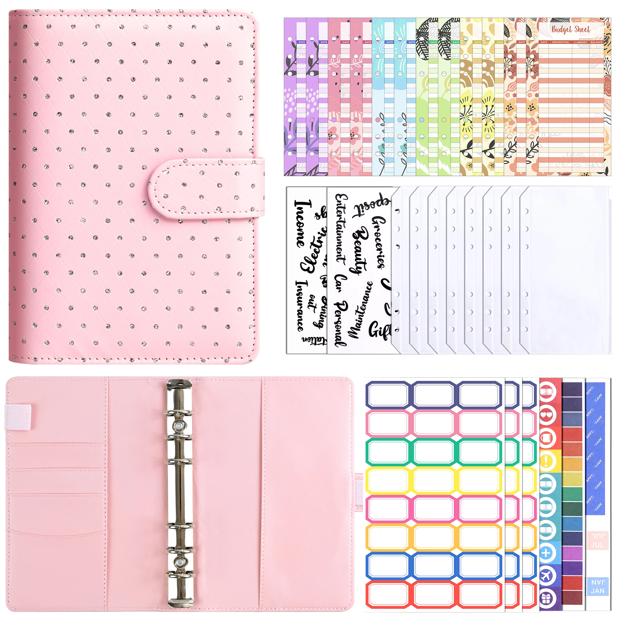 Budget Binder, A6 Diamond PU Leather Binder, Cash Envelopes, Expense Sheets, Challenge Tracker & Category Labels,for Home