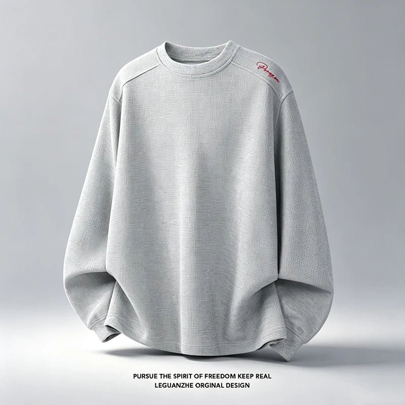 Herren-T-Shirt mit Waffelstruktur, Rundhalsausschnitt, langen Ärmeln, einfarbig, lockerer Schnitt, Stickerei-Details, lässiges Basic-Oberteil, Streetwear-Outfit – Detail 4