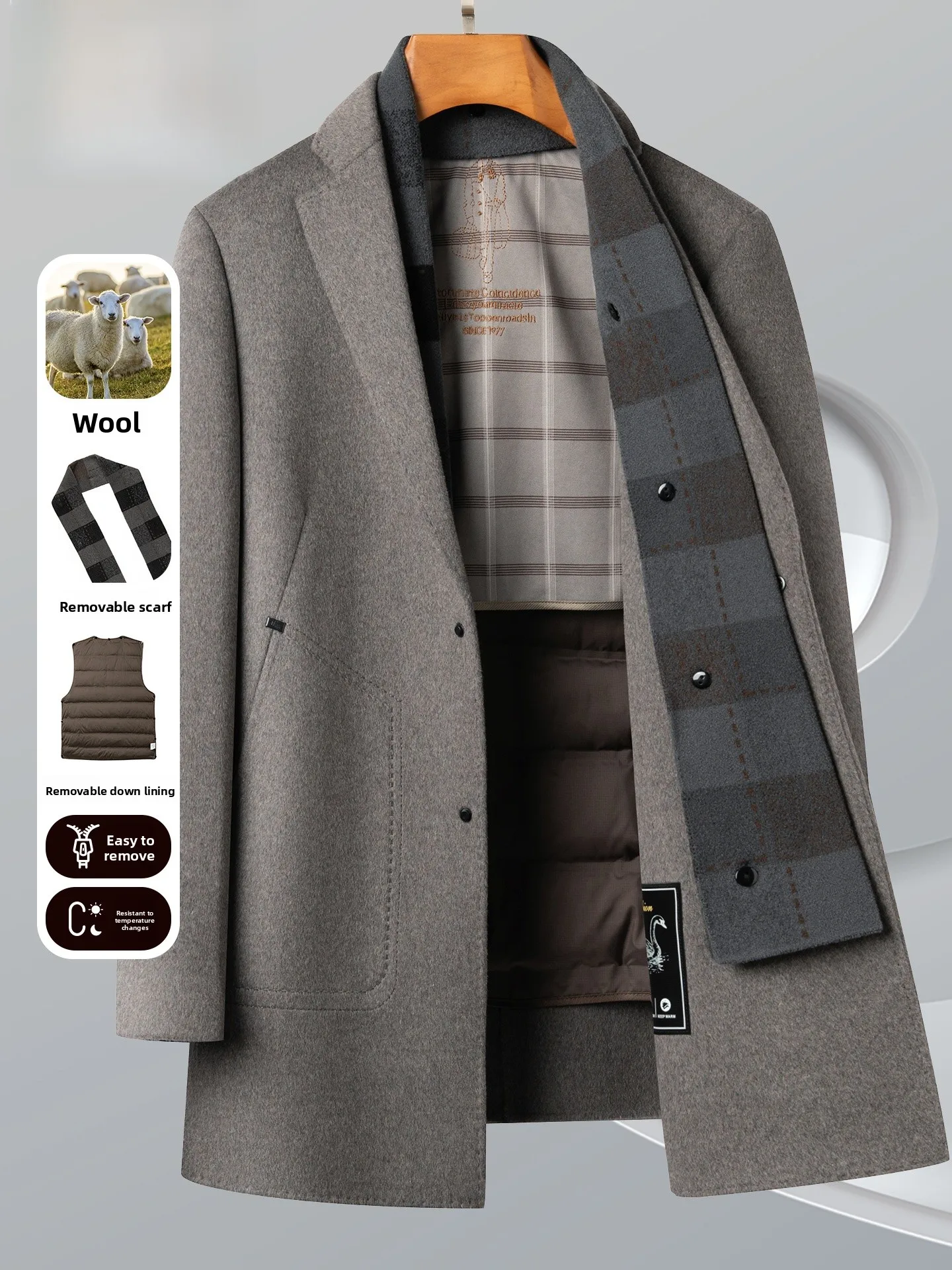 

Pierre Cardin Men's Woolen Coat Thiened Camere Woolen Scarf Collar Mid-Length Winter Busin Casual Sle Stand Fit