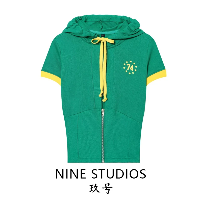 

Women's Zipper Font Print Hoodie Short Sleeve Sweatshirt Belted Casual Style Polyester Material Summer Collection Short Length