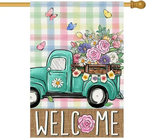 Welcome Spring House Flag Truck with Floral Decorative Double 28 x 40 Inch HHJ LLG