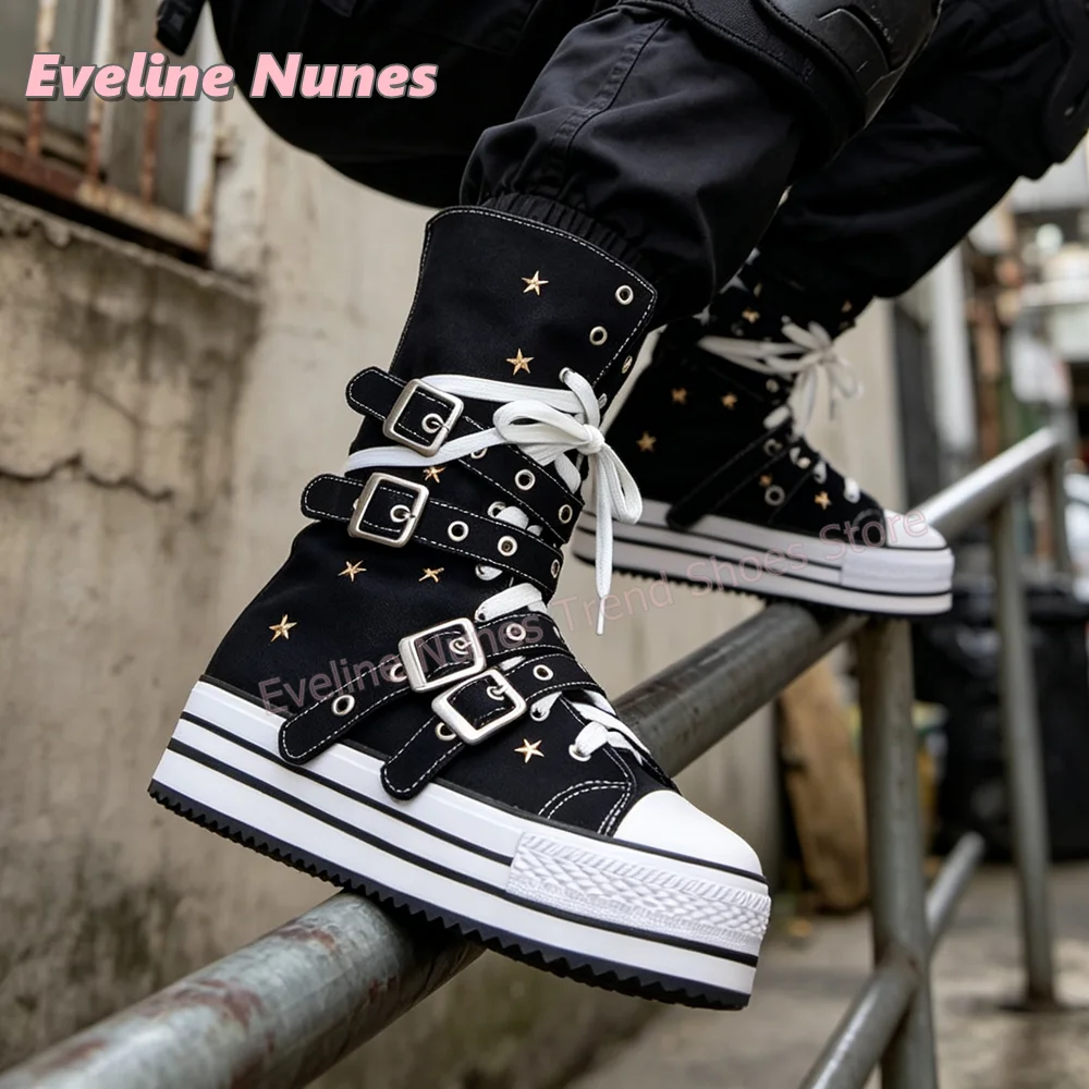 Women Black Star Print Platform Canvas Sneakers Round Toe Thick Sole Metal Buckle Straps Y2K Lace Up Street Style Mid Calf Boots