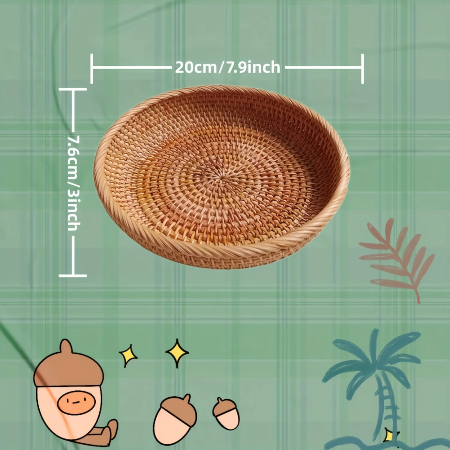 1PC Round Rattan Fruit Basket, Woven  Bowl, Keychain Stackable Shelving  Tabletop Natural Basket Made Of Natural Rattan , Hand W