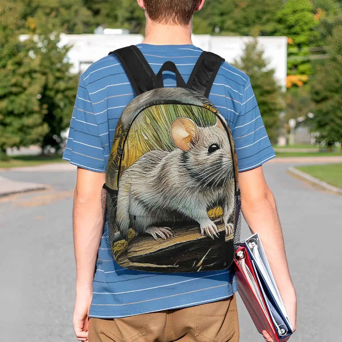 Mochila escolar com desenho de rato e planta em aquarela, bolsa escolar para estudantes, bolsa escolar para laptop, bolsa de ombro para meninos e meninas