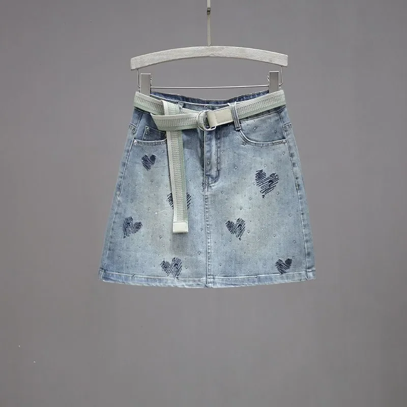 Women's High-Waisted Denim Mini Skirt Heart Embroidery, Rhinestone Detail