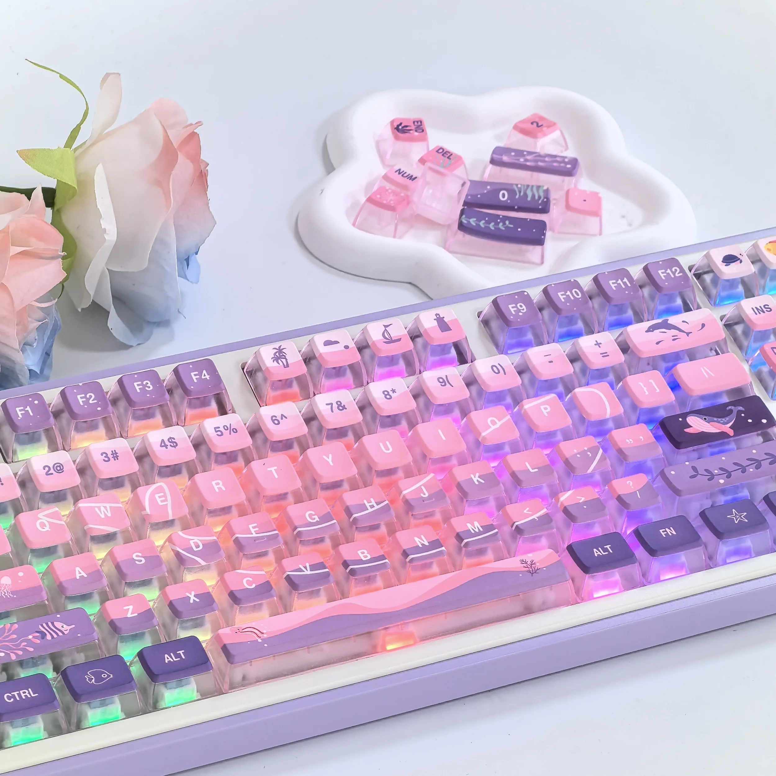 Underwater World Theme Keycap ASA Profile Purple Pink Gradient Korean Key Caps PBT+PC Whale Element Translucent Pudding Keycaps