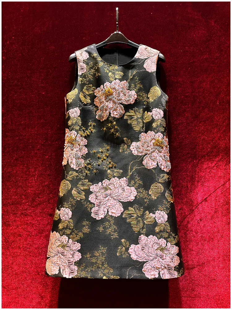 

Europe and the United States women's 2024 autumn new Sleeveless round neck heavy stitching bead pink flower jacquard dress XXL