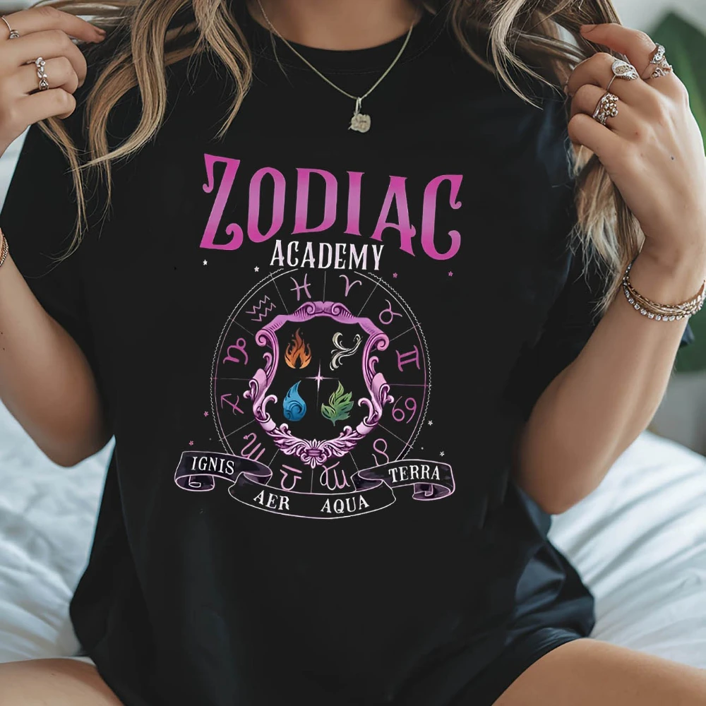 ZODIAC ACADEMY IGNIS AER AQUA T-Shirt mit Grafikdruck, kurzärmelig, Rundhalsausschnitt, lässiges Oberteil für Sommer, Frühling, Damenbekleidung – Detail 6