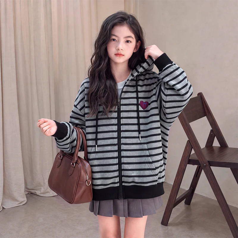 2026 Autumn Children's Striped Hoodie Long Sleeve Winter Girls' Student Coat Hot Selling Boys' Cotton Jacket