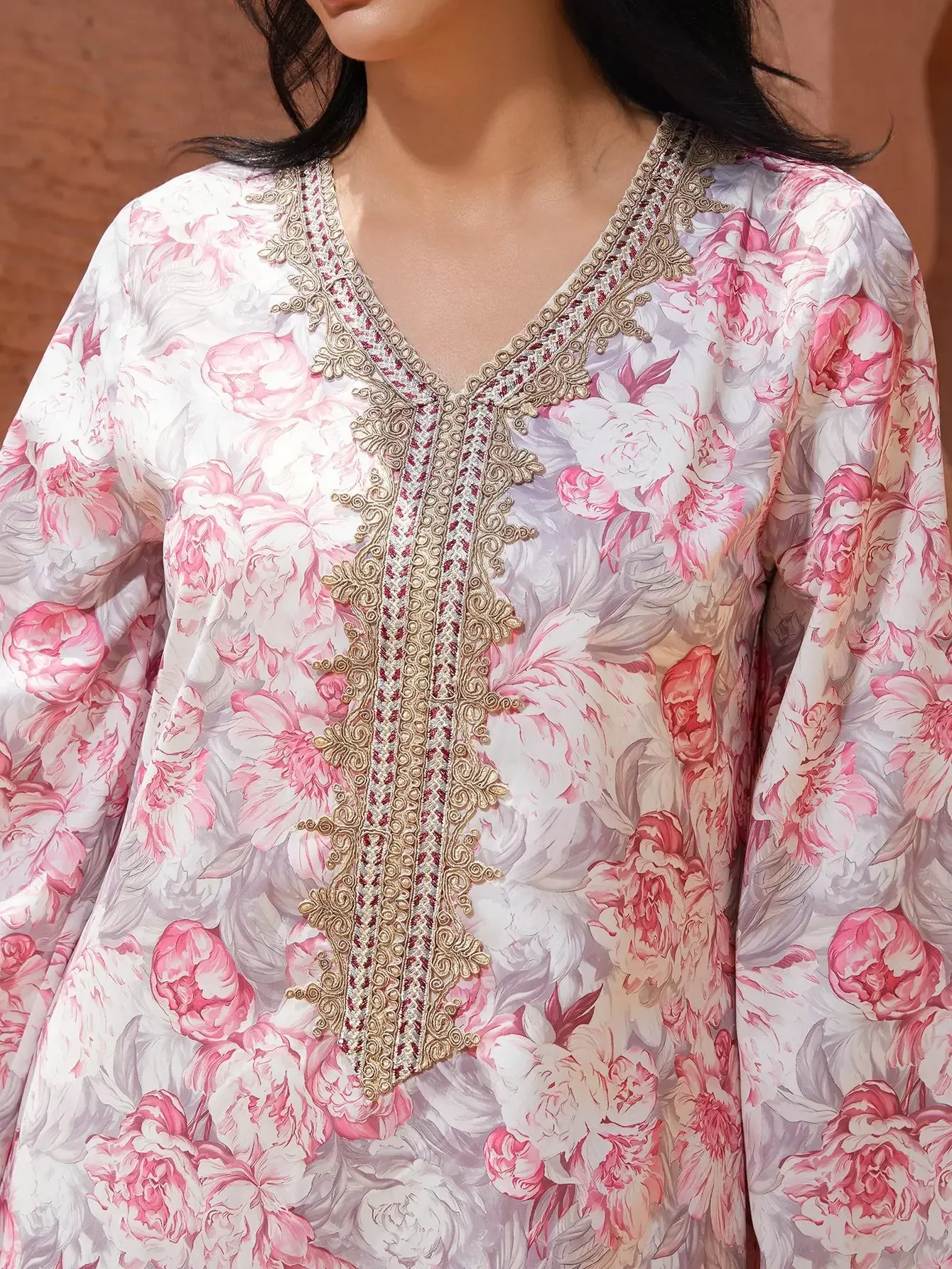 이드 아바야 여성 드레스 무슬림 플로럴 V넥 두바이 베스티도스 라르고스 롱 드레스 카프탄 아랍 로브 파티 카프탄 잘라비야 라마단