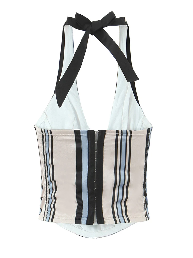 تشو ساو بيوتي 2025 المرأة موضة جديدة حلوة مخطط طباعة شيك بلا أكمام اقتصاص القمم خمر الرسن الرقبة مثير سليم بروتيل #2