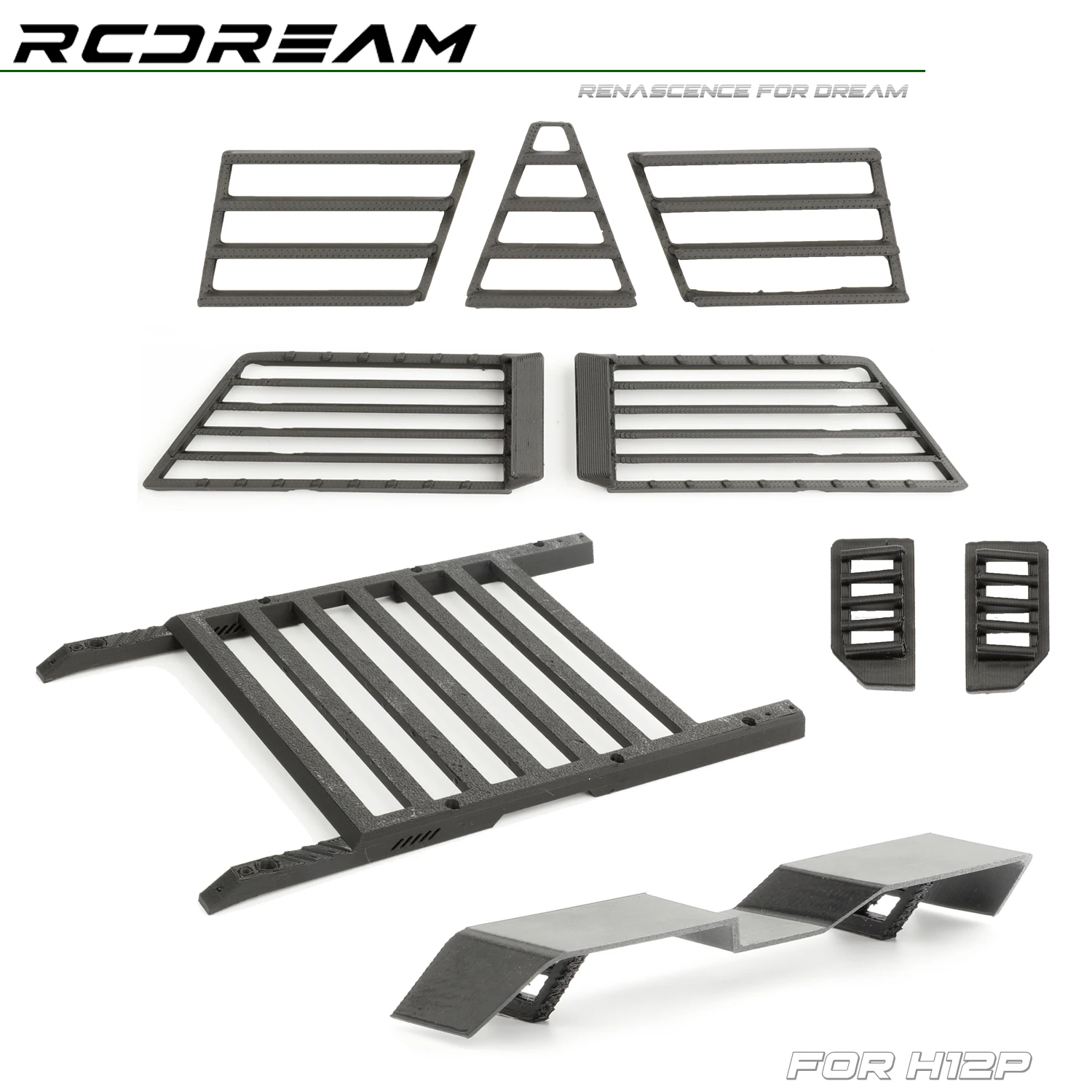 Akcesoria do modyfikacji MJX H12P: pałąk dachowy, wzmocniona kratka, tylne skrzydło, części do poprawy wyglądu samochodu RC MJX H12P w skali 1/12.