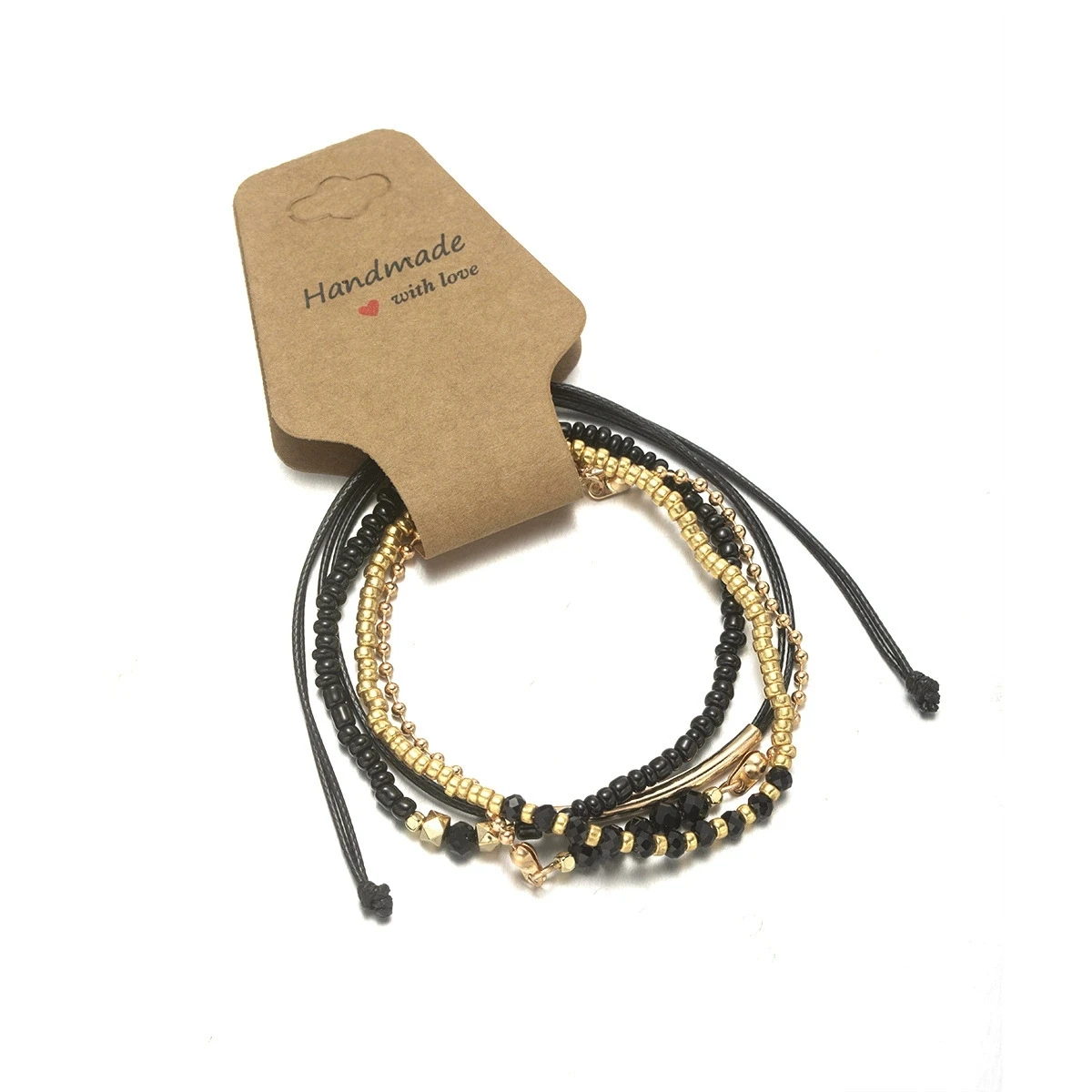4 قطعة مجموعة أساور من الحجر الزجاجي الأسود للنساء الذهب والفضة اللون حبل مضفر الخرز سلسلة التفاف الإسورة مجوهرات الأزياء النسائية #6